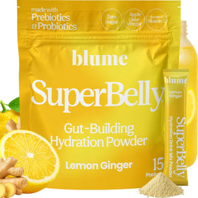 Blume SuperBelly lemon-ginger sticks offer refreshing hydration for daily digestion.