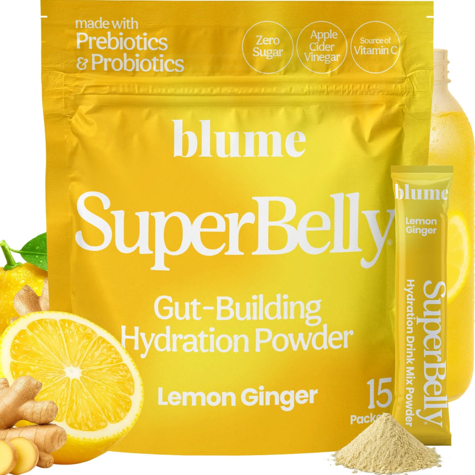 Blume SuperBelly lemon-ginger sticks offer refreshing hydration for daily digestion.