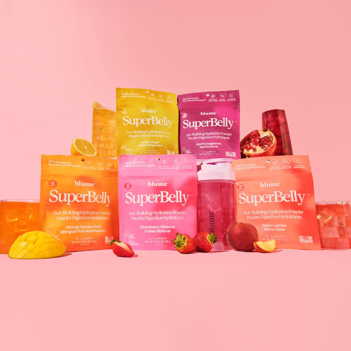 Blume SuperBelly package box emphasizes travel-friendly 15 sticks for home or on the go.