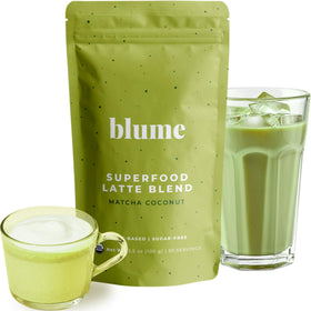 Blume Superfoods Latte matcha powder bottle for steady energy and refined ceremonial flavor.