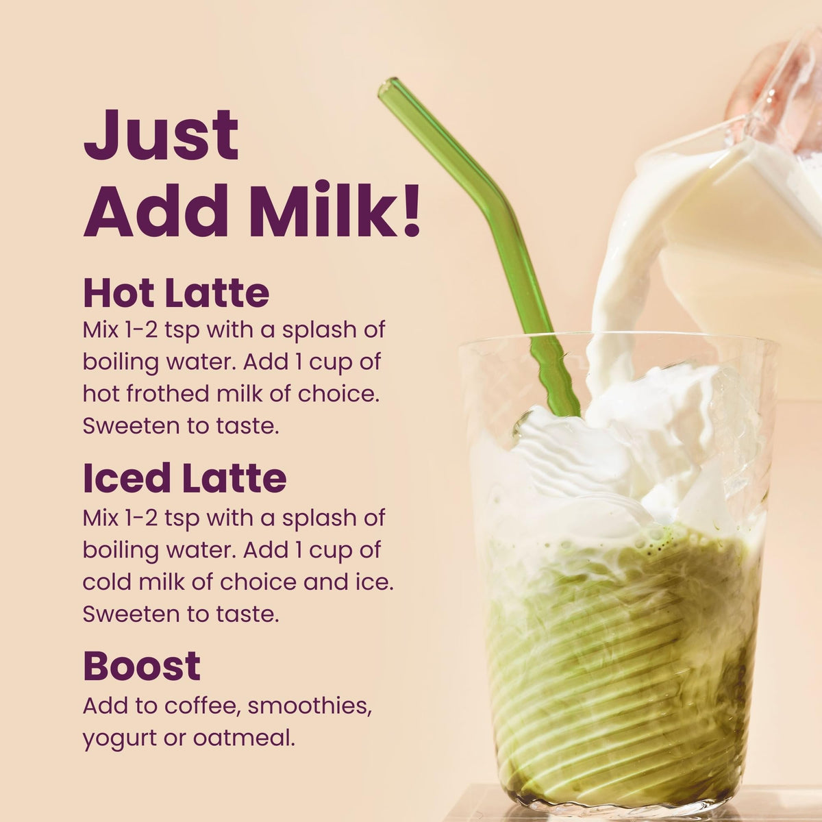 Blume latte powder ingredients bowl highlights moringa and coconut for antioxidant-friendly meals.