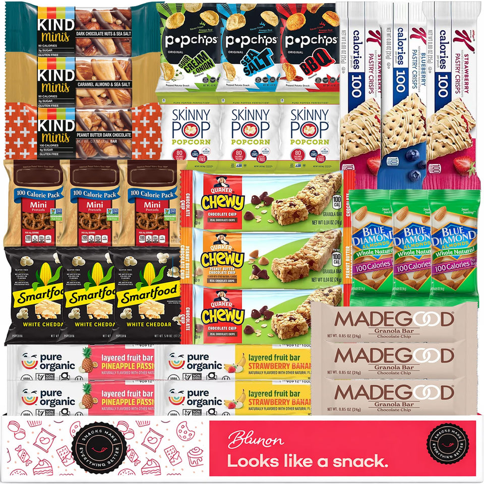 Blunon 100-calorie snack packs collection, ideal for on-the-go portion control.