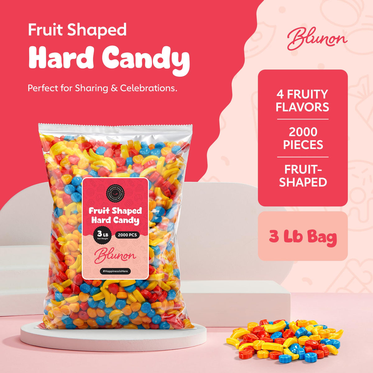 Blunon banana-strawberry-blueberry-peach candies showcased in colorful shapes.