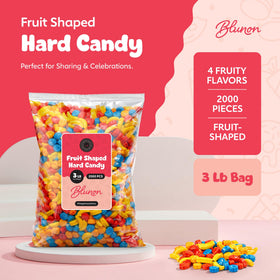 Blunon banana-strawberry-blueberry-peach candies showcased in colorful shapes.