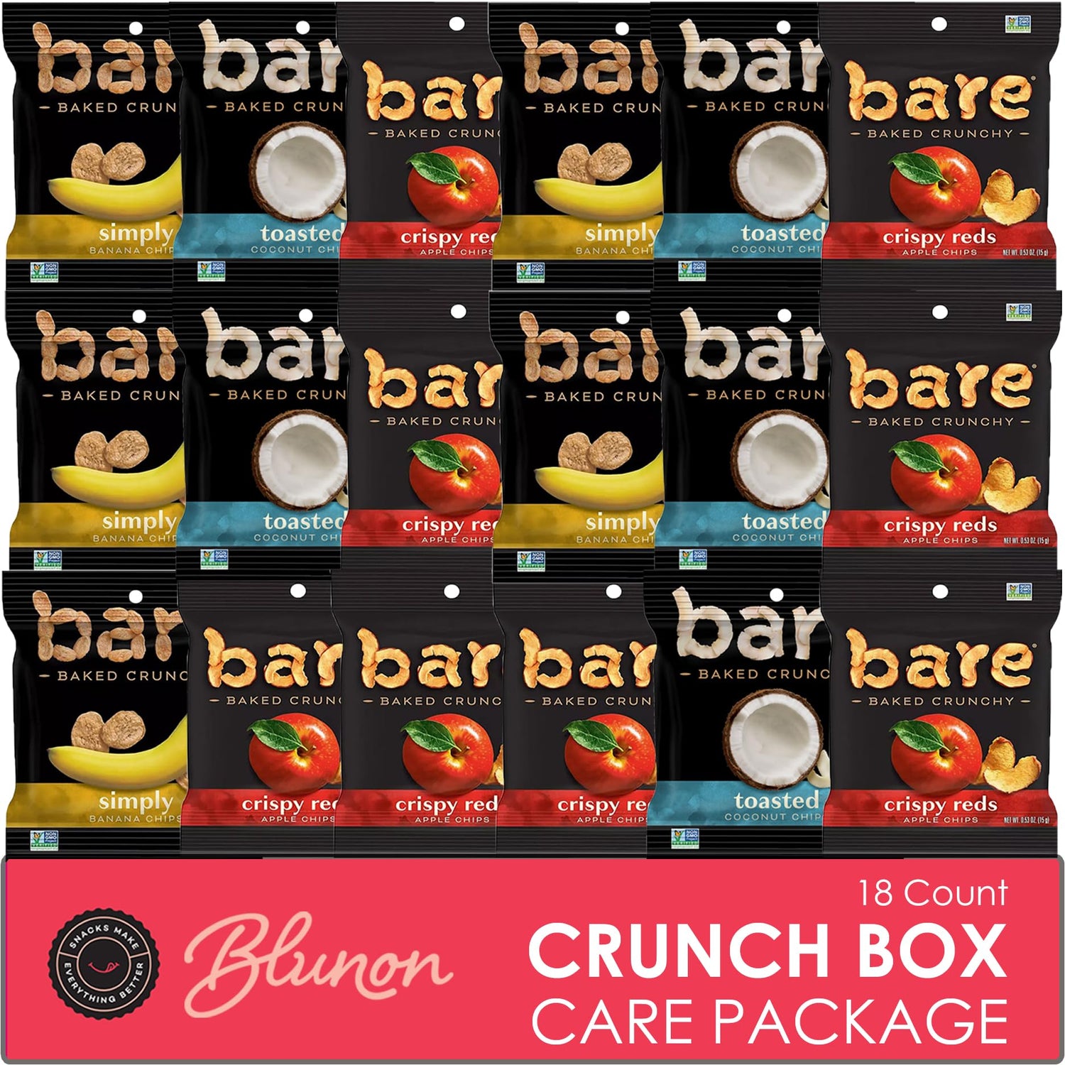 Blunon Bare Chips variety pack shows apple, banana, and coconut flavors for on-the-go snacking.