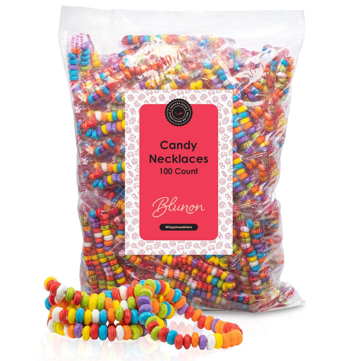 Blunon candy necklaces with colorful beads offer nostalgic wearable treats at parties.