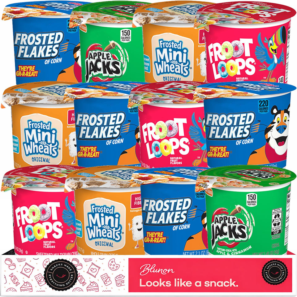 Blunon Cereal Cups variety-pack box for quick grab-and-go breakfasts.