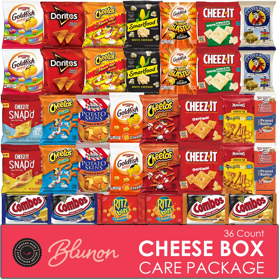 Blunon cheese crackers variety pack with 36 single-serve bags for easy on-the-go snacking.