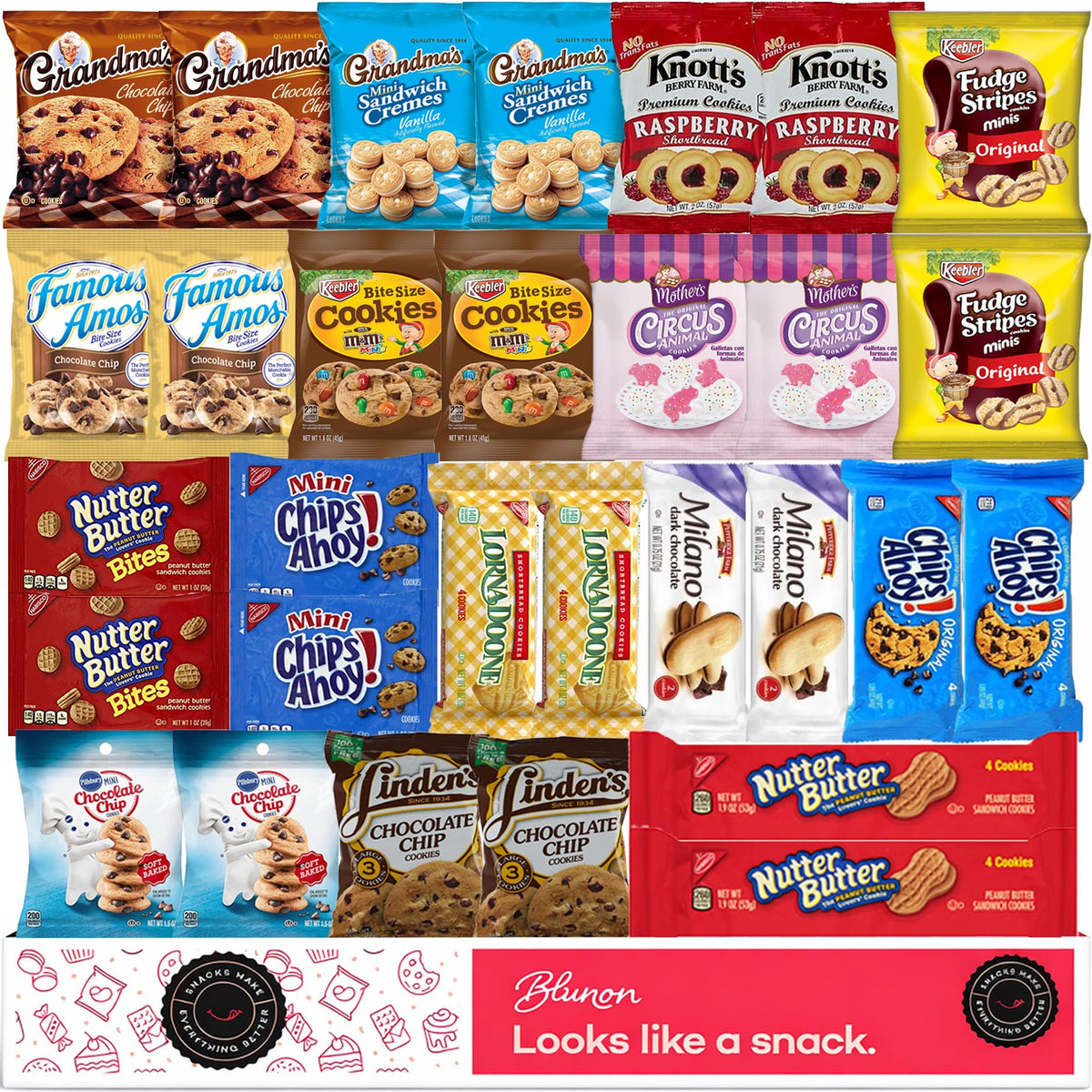 Blunon cookies variety pack with 30 individually wrapped servings for convenient snacking.