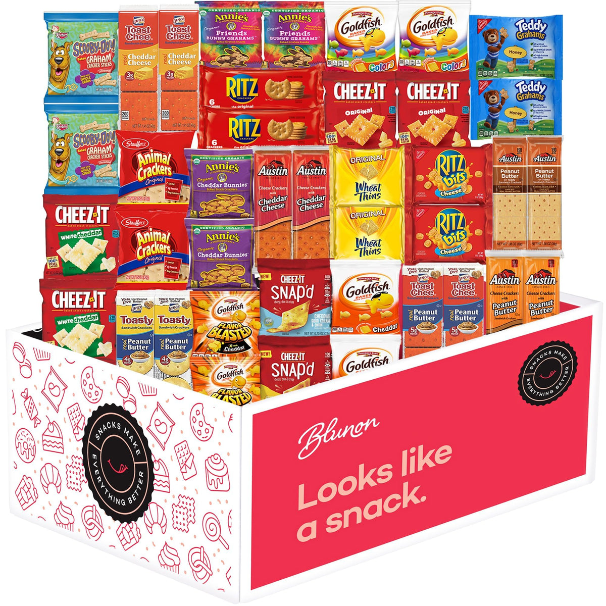 Blunon crackers assortment bags closeup, ideal for lunches and quick breaks.