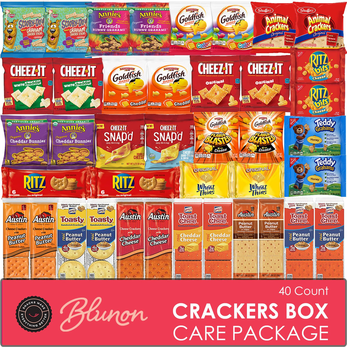 Blunon crackers variety pack box front view, ready for on-the-go snacking.