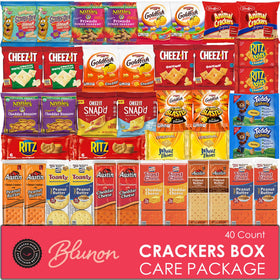 Blunon crackers variety pack box front view, ready for on-the-go snacking.