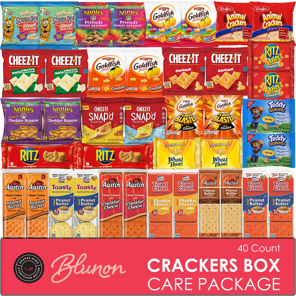 Blunon crackers variety pack box front view, ready for on-the-go snacking.