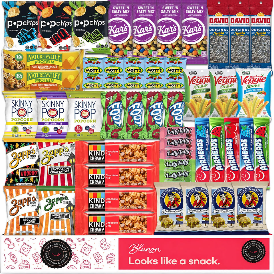Blunon Gluten Free Snacks Variety Pack box shows portable gluten-free fueling for busy days.