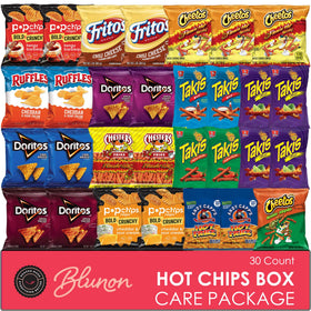 Blunon hot chips variety pack box front ideal for bulk snacking.