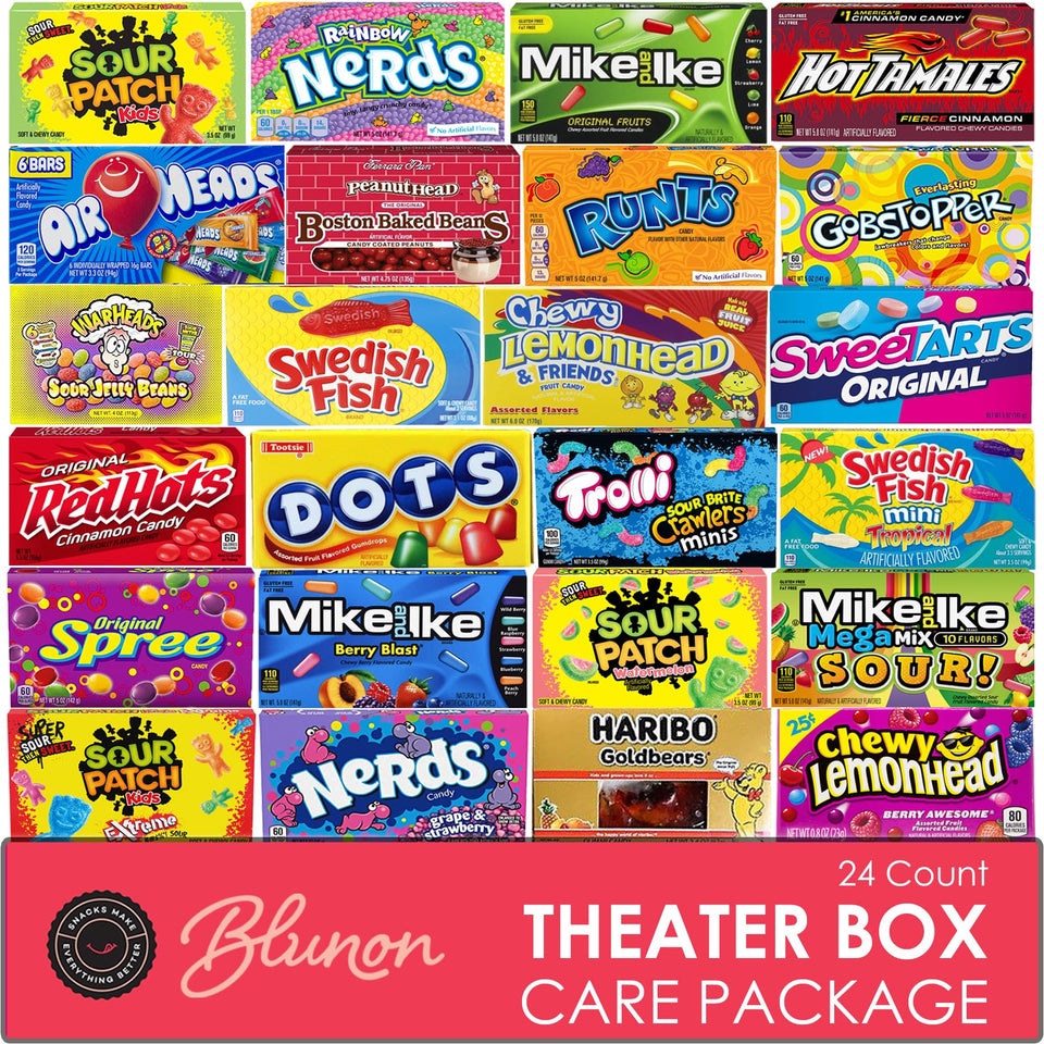 Blunon movie theater candy boxes, 24-pack, ideal for party snacks and care packages.