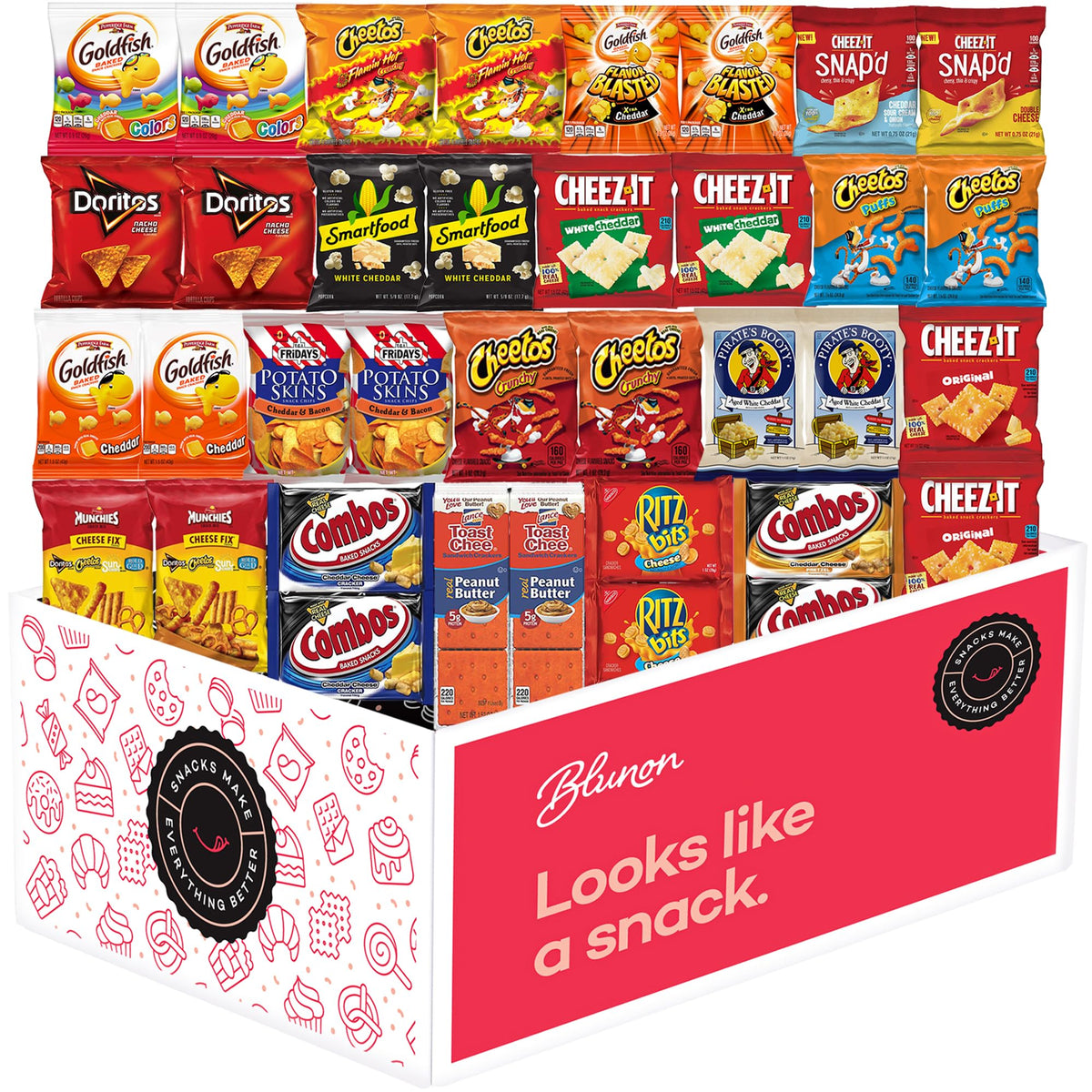 Blunon snack sampler bulk care package designed for office desks and school lunches.