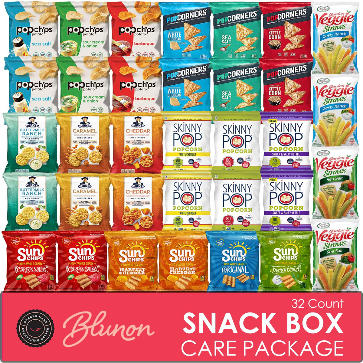 Blunon Snacks Variety 34-pack, front view for easy pantry stocking.