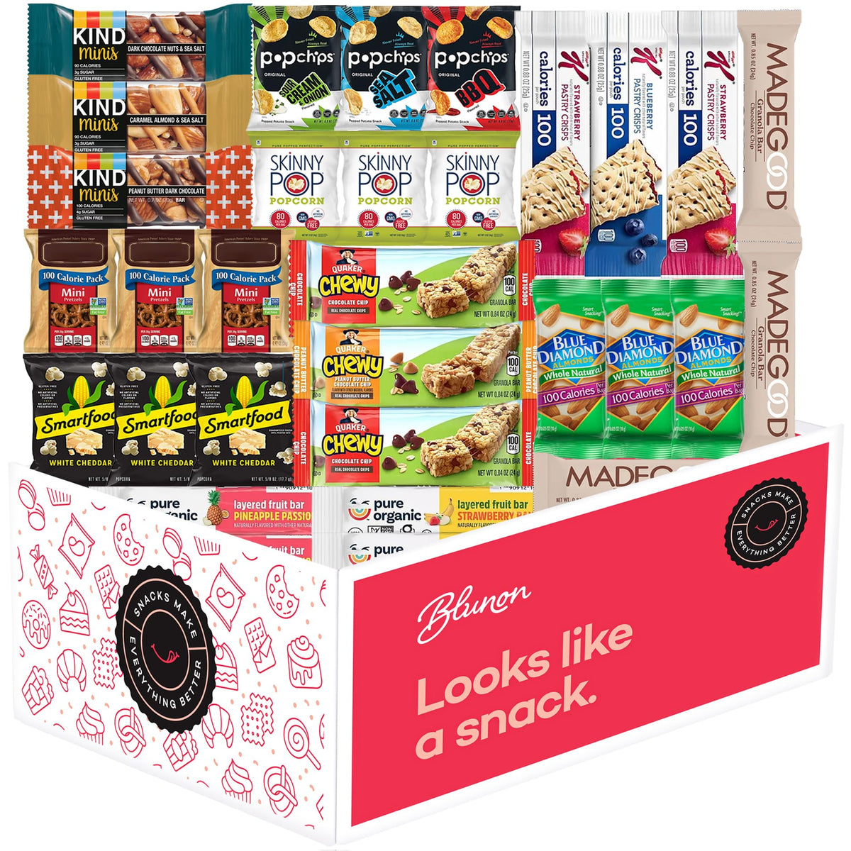 Blunon snacks variety box 30-pack, convenient for school, work, and travel.