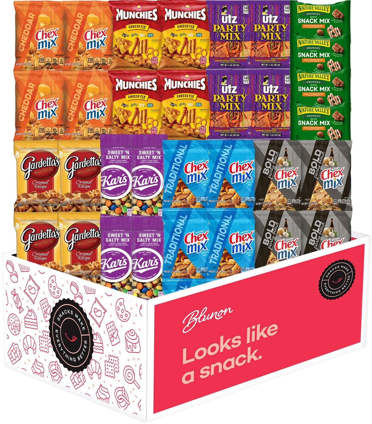 Blunon Snacks Variety Pack with Chex mixes offers quick savory snacking.