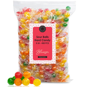 Blunon Sour Balls: colorful assorted fruit candies in a 5lb bag for sharing.