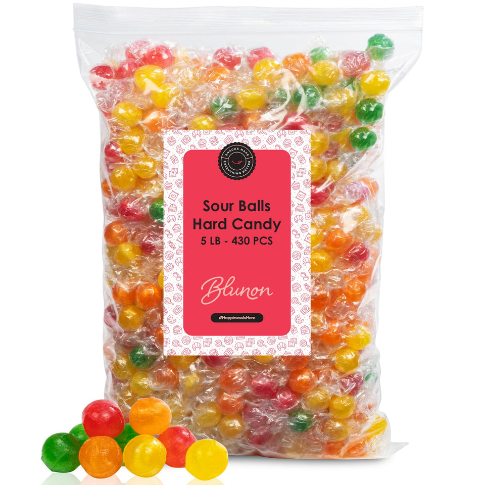 Blunon Sour Balls: colorful assorted fruit candies in a 5lb bag for sharing.
