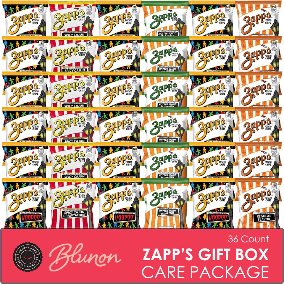 Blunon Zapp's variety pack outer box showcases bold Cajun chips for shareable snacking.