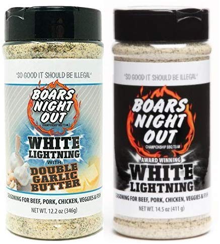 Boars Night Out White Lightning Combo front pack; enhances steaks and poultry with bold flavor.