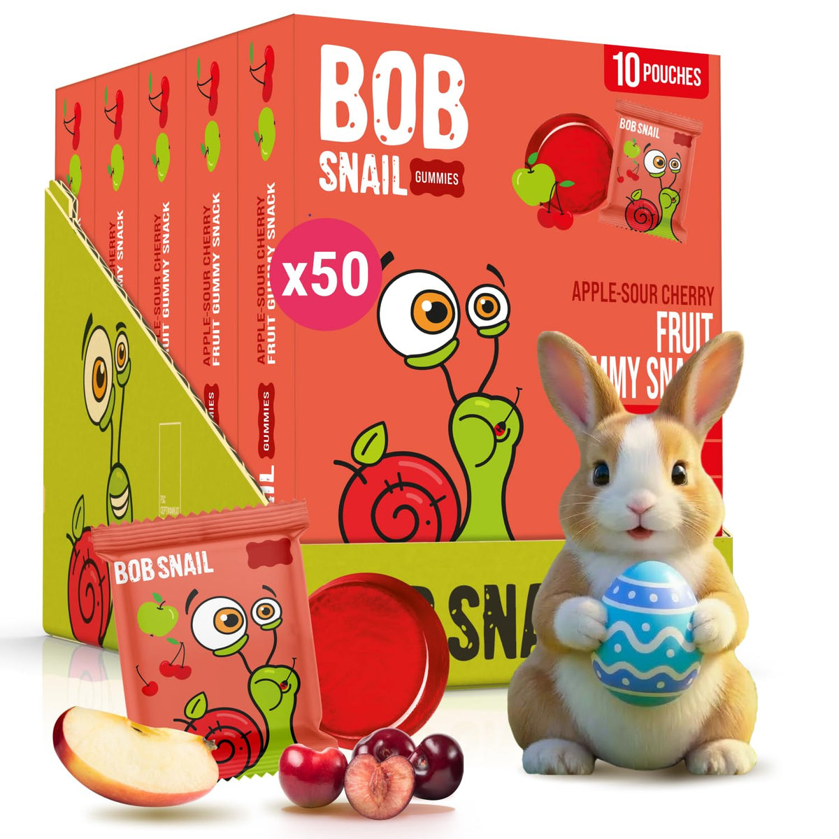 Bob Snail Apple-Cherry jelly pieces, gelatine-free and vegan, ideal for kid-friendly snacks.