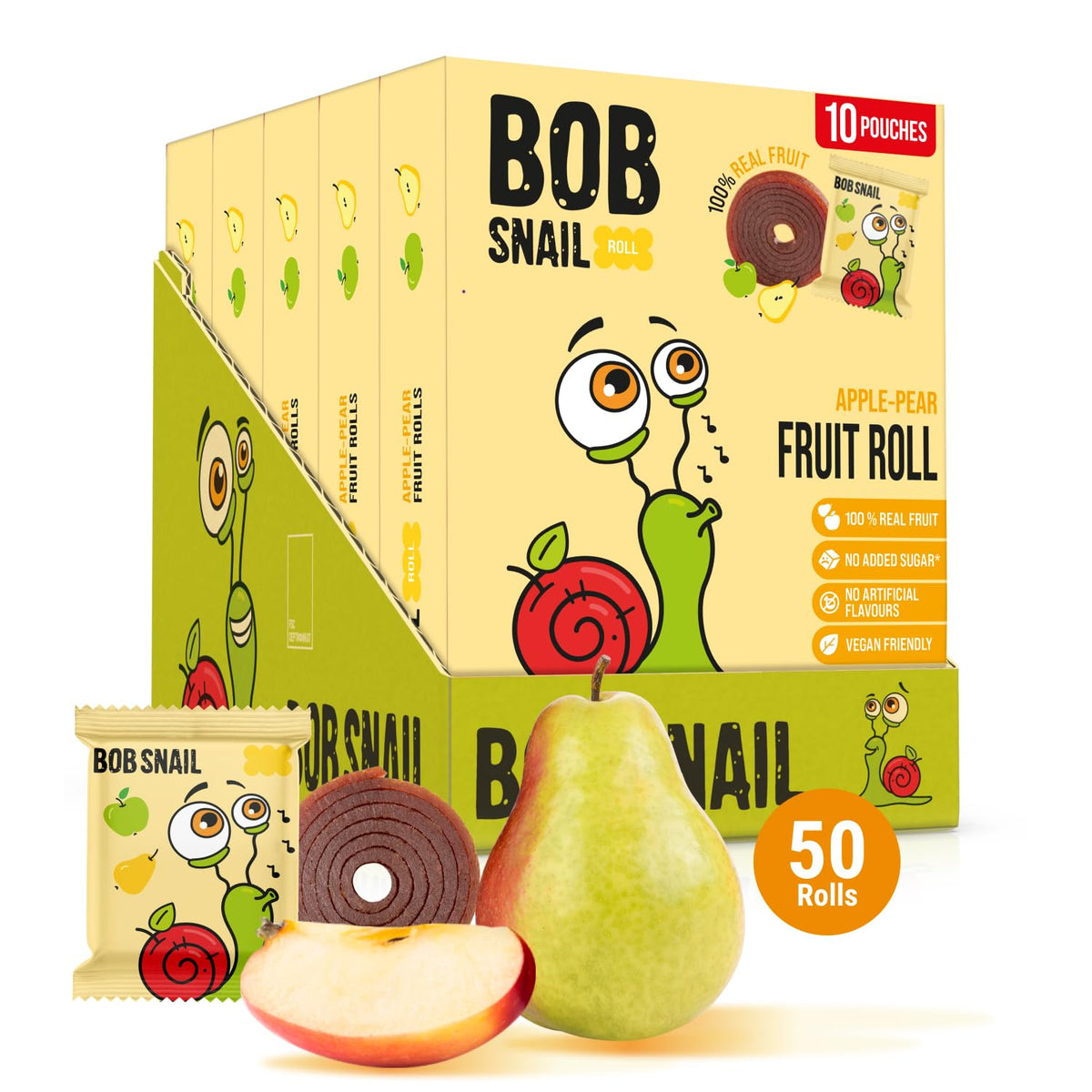 Bob Snail Apple-Pear Fruit Roll Ups in a bulk box for on-the-go snacking.