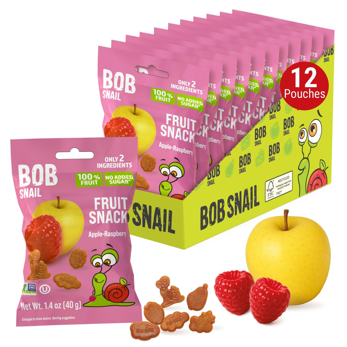Bob Snail Apple Raspberry gummies in a 12-pack, ideal for lunchboxes