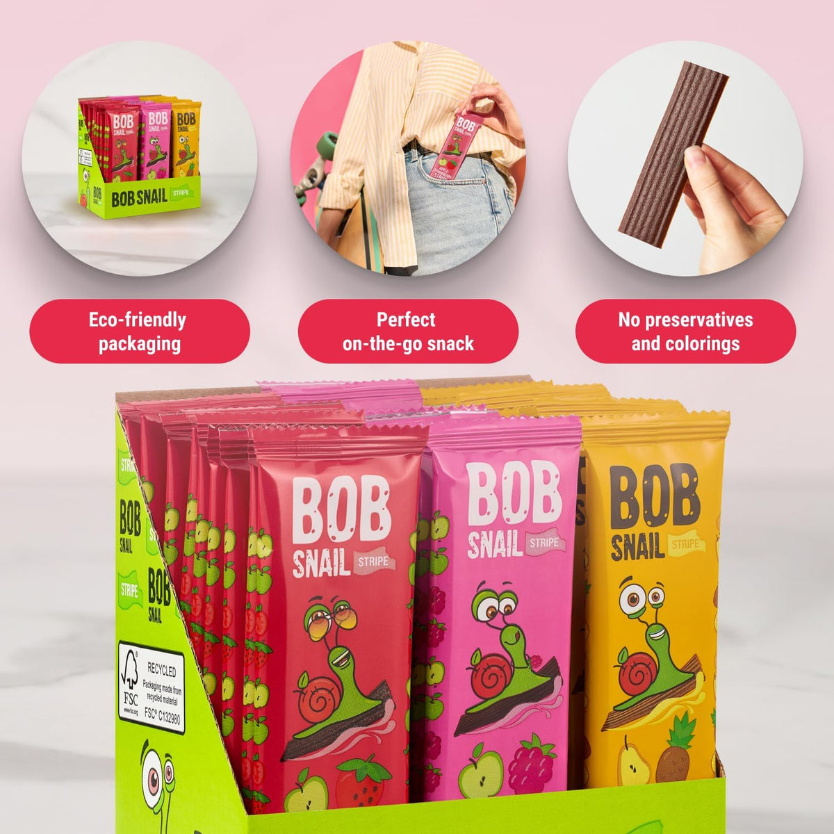 Bob Snail fruit leathers closeup showing chewy texture and natural ingredients.