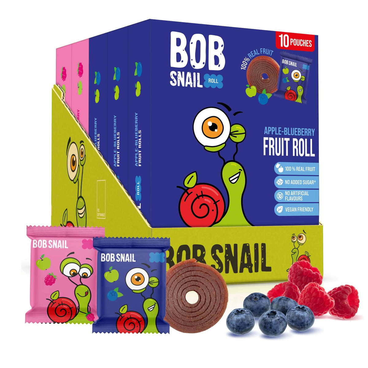 Bob Snail Fruit Roll-Ups blue raspberry rolls, a tasty on-the-go snack for kids and adults.