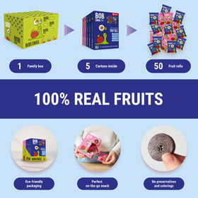 Close-up of Bob Snail Fruit Roll-Ups ingredients panel showing real fruit.