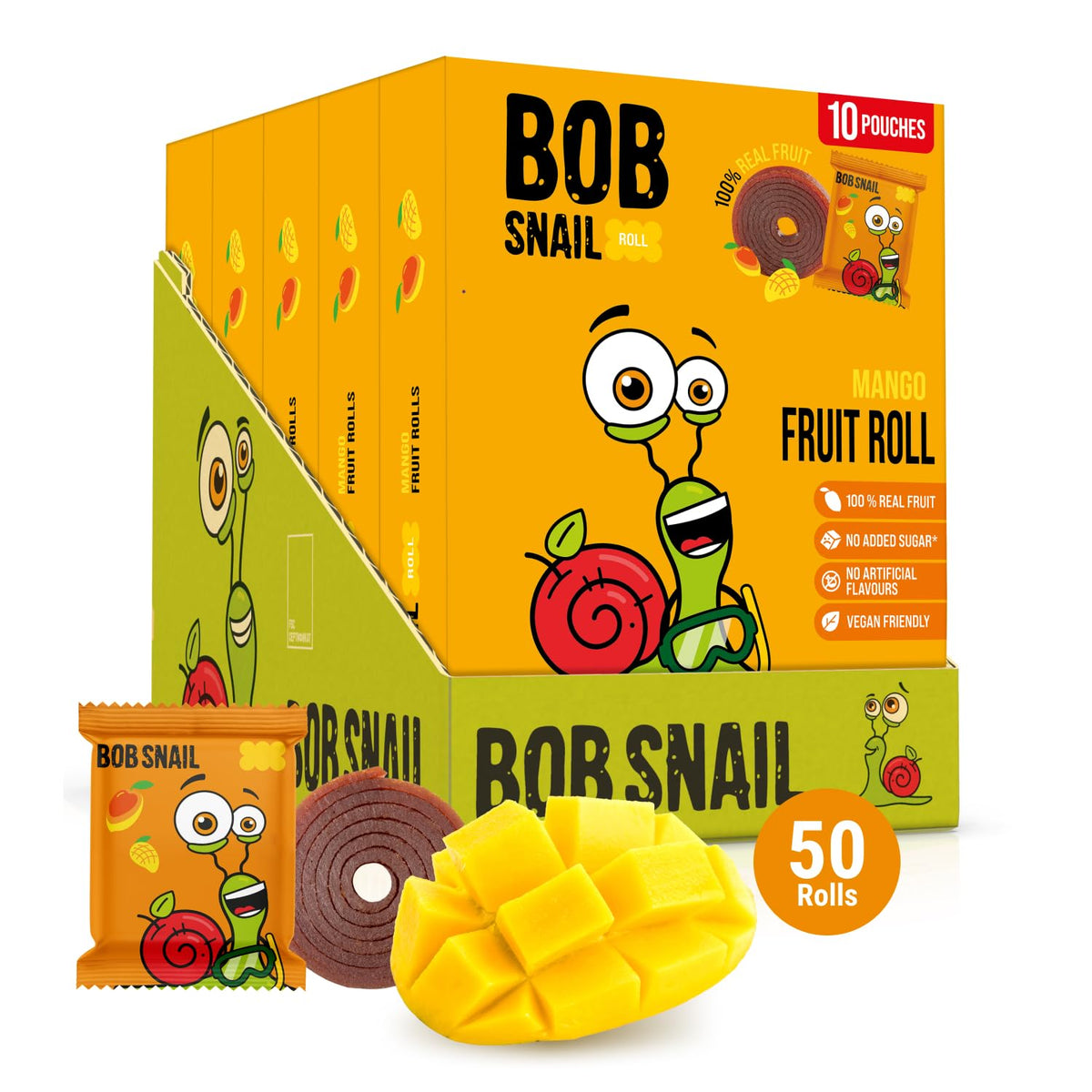 Bob Snail Mango Fruit Roll Ups pack, a convenient, healthy snack for kids.