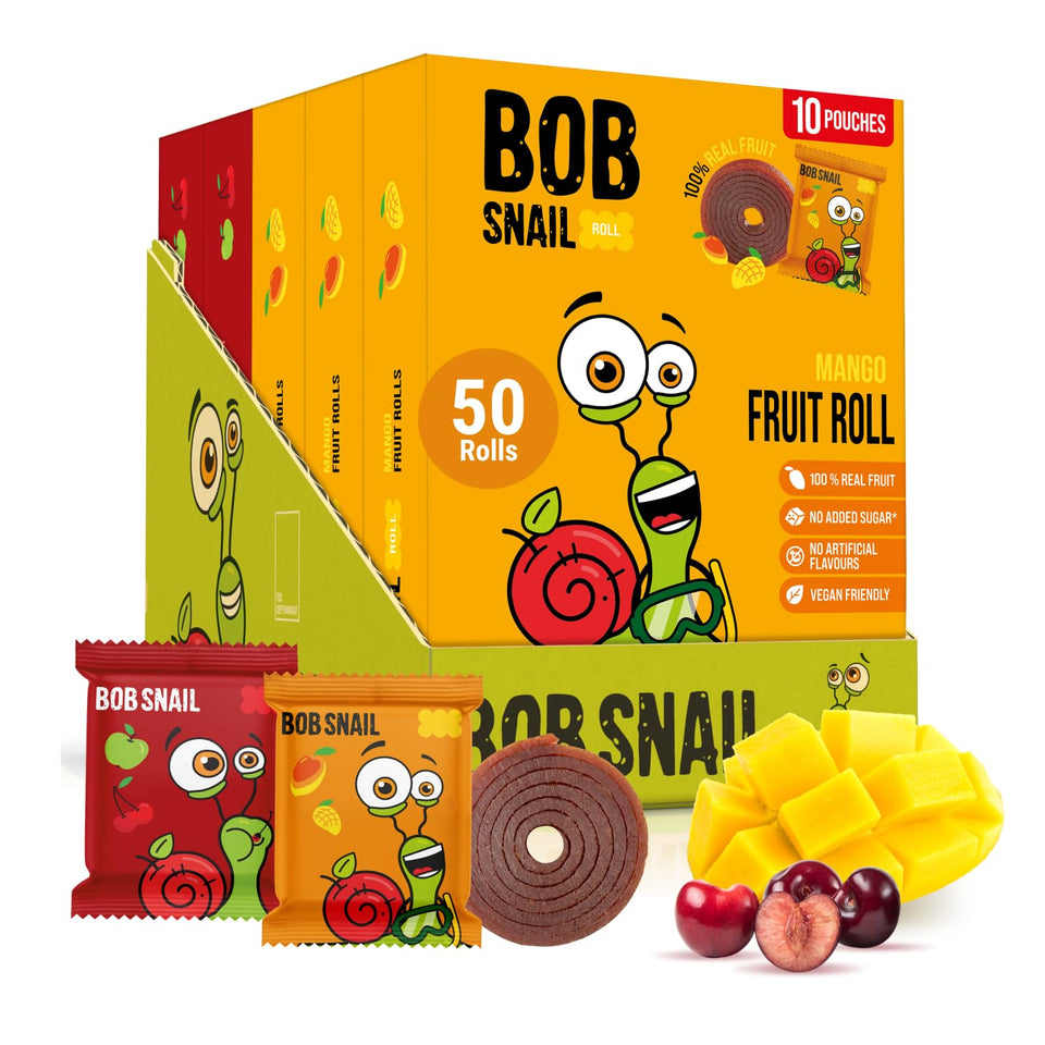 Bob Snail mango and sour cherry fruit roll-ups pack, naturally sweet and ready to enjoy