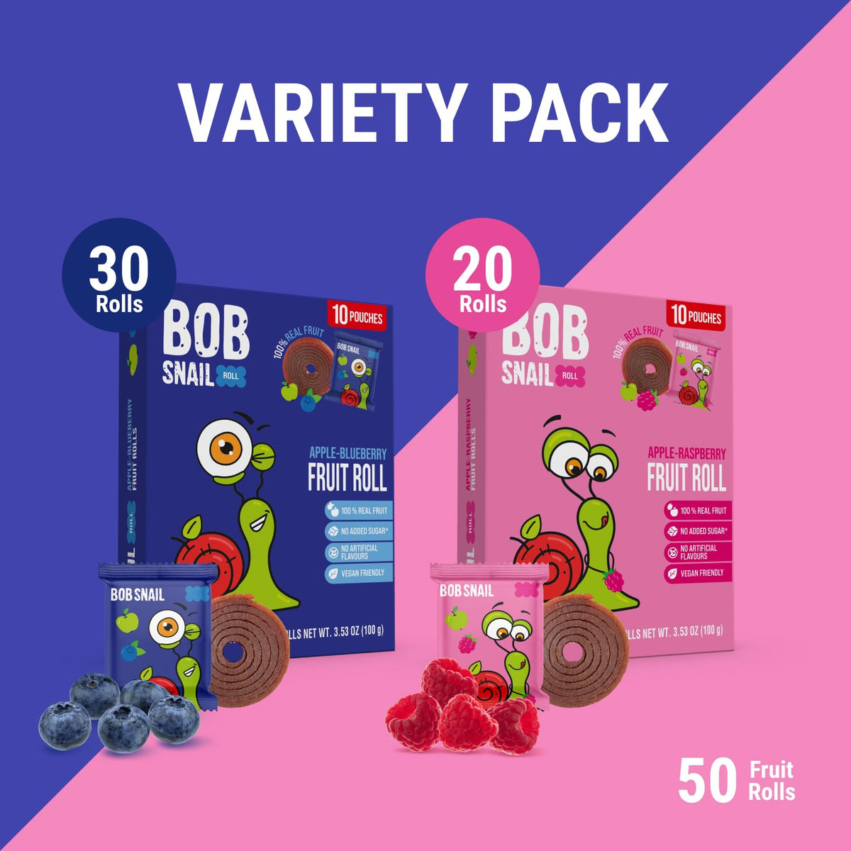 Bob Snail Fruit Roll-Ups on-the-go packaging with individually rolled pieces for travel.