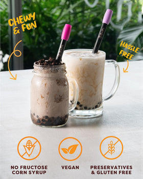 Close-up of Boba Fide brown sugar boba pearls packaging for convenient home use.