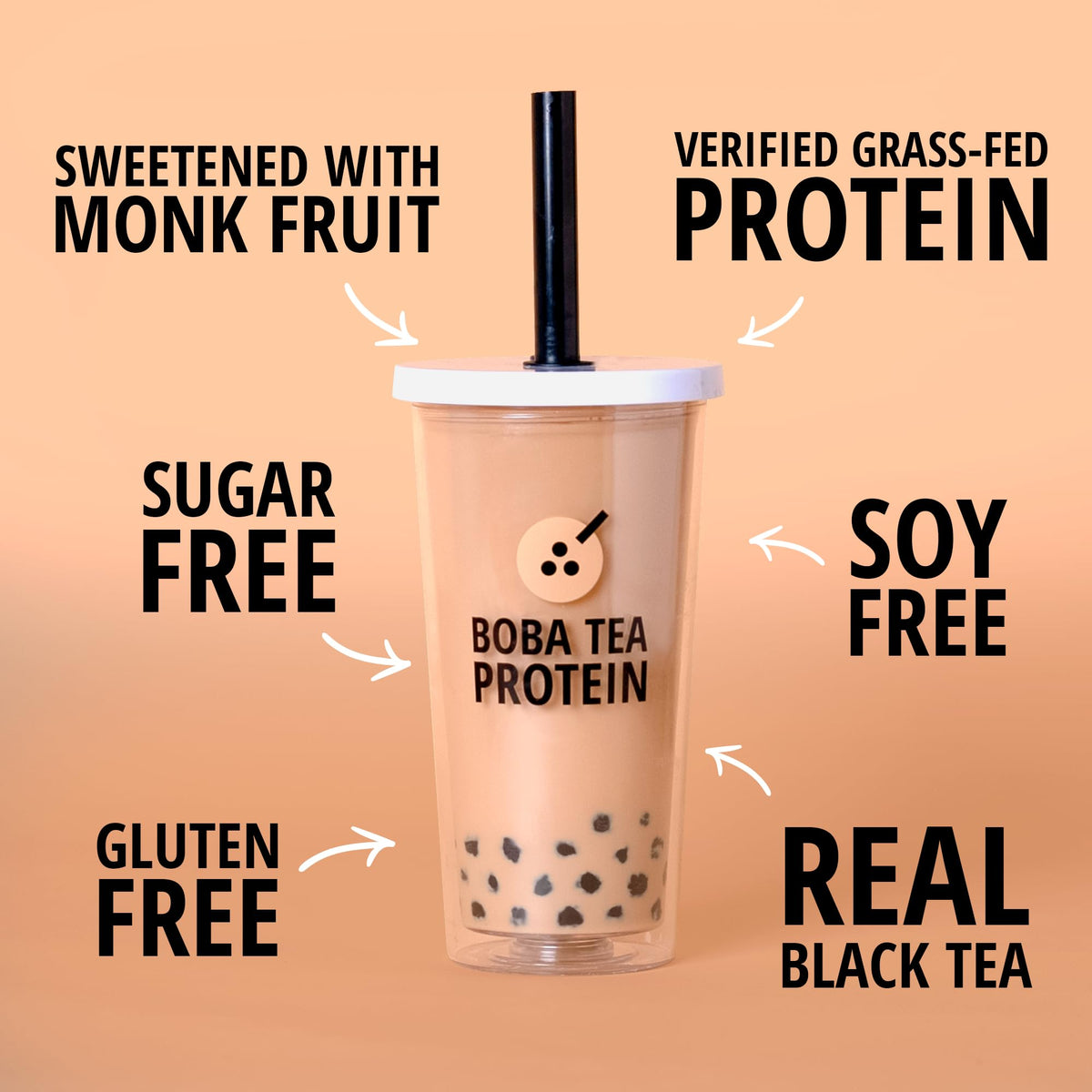 Boba Tea Protein Classic Milk Tea grass-fed whey label on packaging, quality sourced