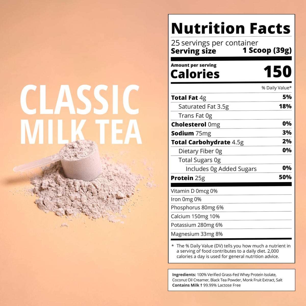 Boba Tea Protein Classic Milk Tea ingredients table highlighting real teas and natural sweeteners