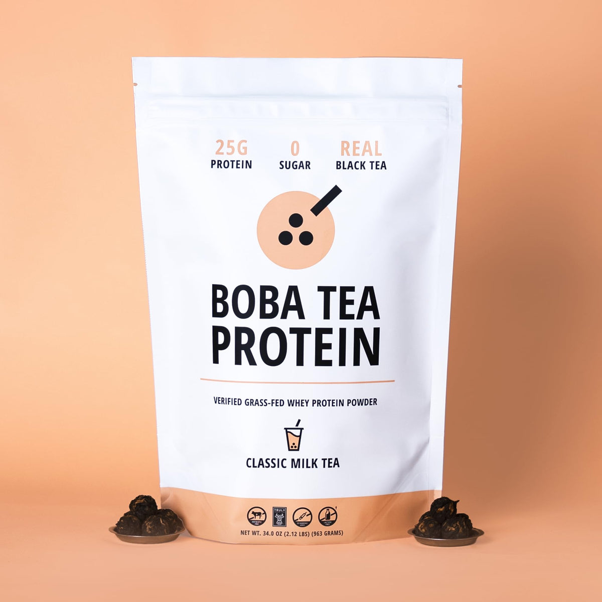 Boba Tea Protein Classic Milk Tea nutrition facts label showing 25g protein per serving