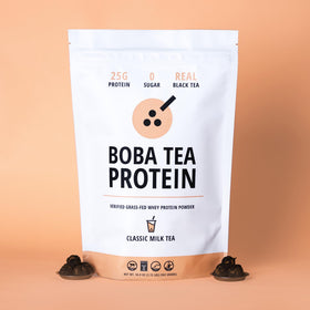 Boba Tea Protein Classic Milk Tea nutrition facts label showing 25g protein per serving