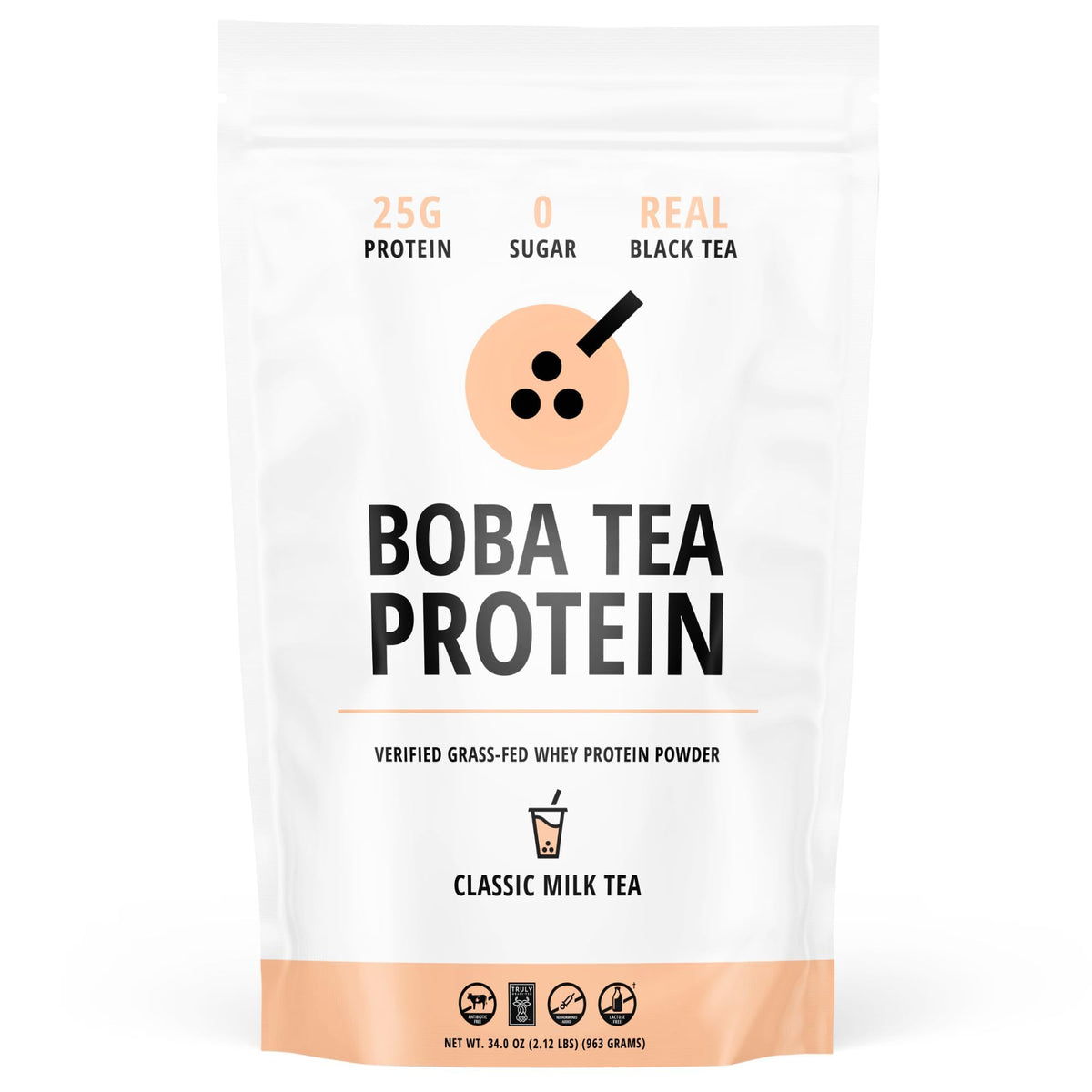 Boba Tea Protein Classic Milk Tea pour highlighting creamy texture and real-tea flavor