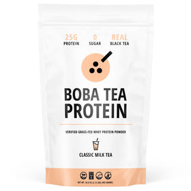 Boba Tea Protein Classic Milk Tea pour highlighting creamy texture and real-tea flavor