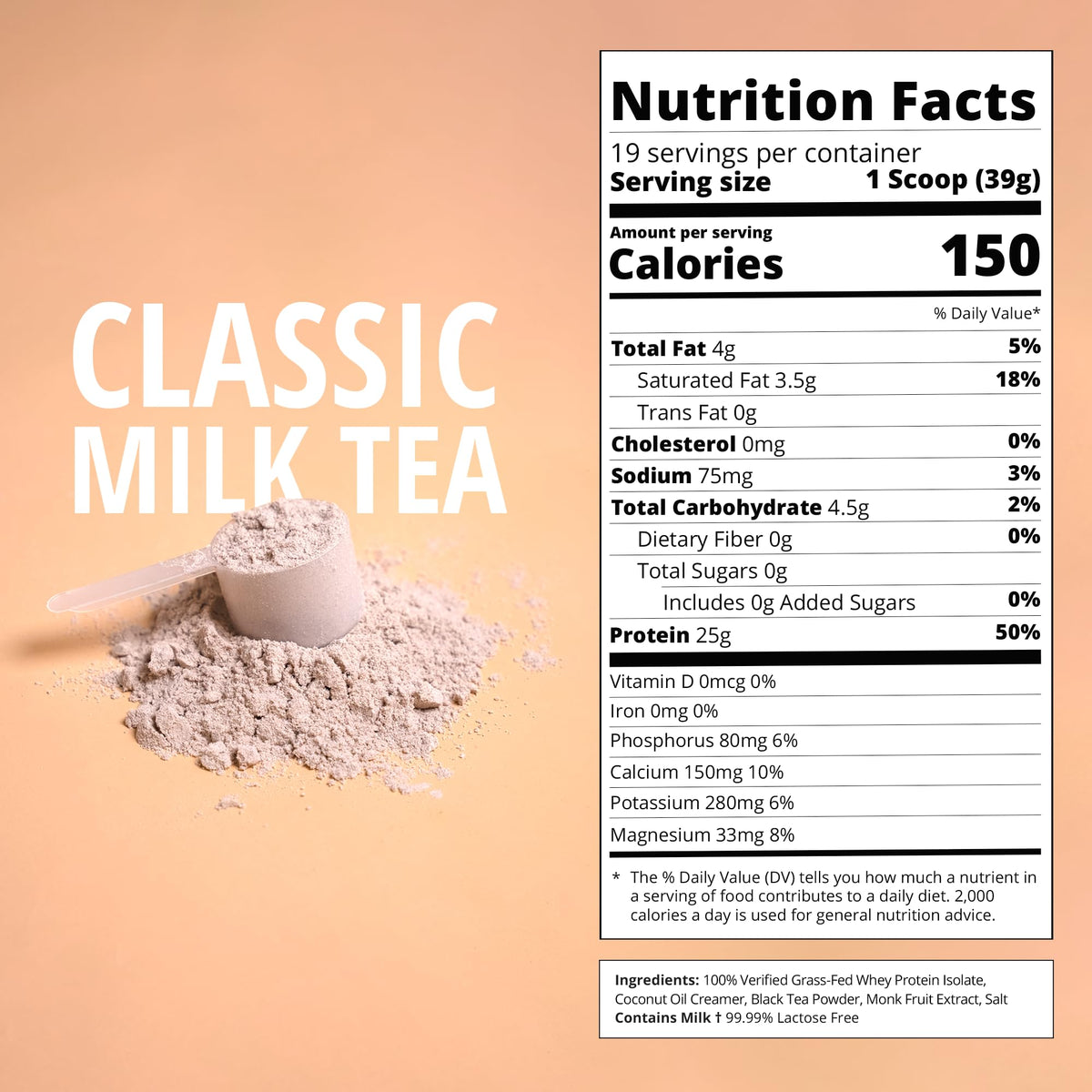 Grass-fed whey powder scoop emphasizes high-quality protein from Irish farms