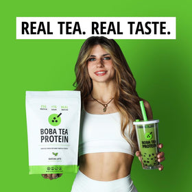 Kitchen scene featuring Boba Tea Protein Matcha Latte packaging and real ingredients.