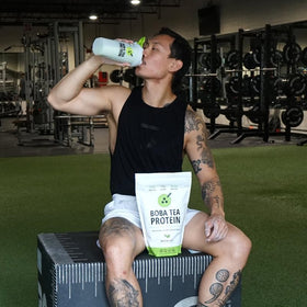 Nutrition label on Boba Tea Protein Matcha Latte box displaying lactose-free and gluten-free notes.