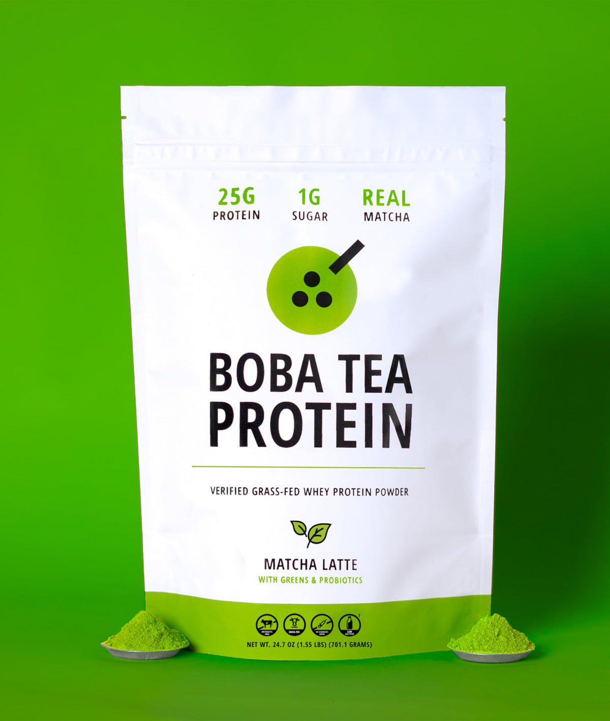 Packaging of Boba Tea Protein Matcha Latte emphasizing 25g protein per serving.