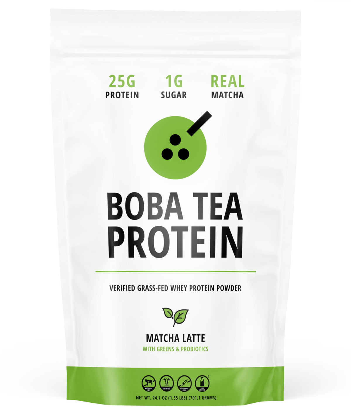 Boba Tea Protein Matcha Latte powder jar showing real ingredients and authentic flavor.