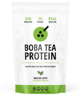 Boba Tea Protein Matcha Latte powder jar showing real ingredients and authentic flavor.